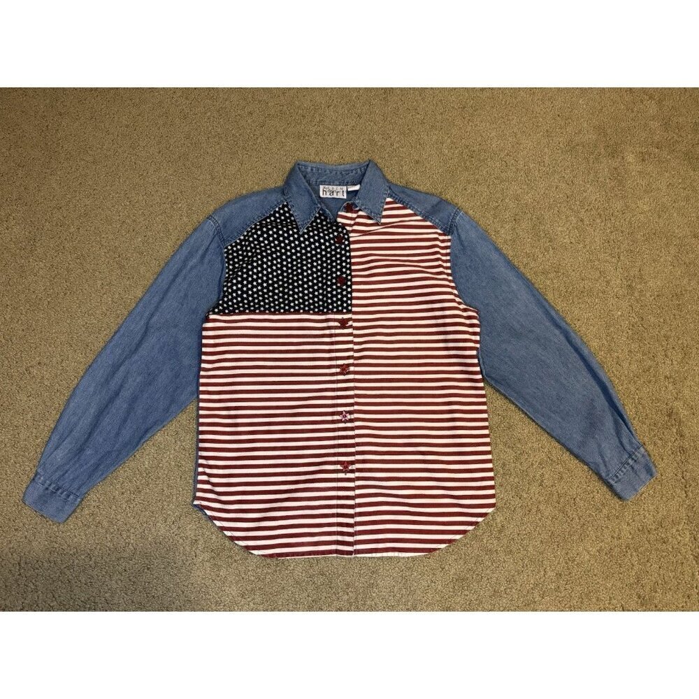 KEREN HART Womens Denim Button Shirt MEDIUM Patriotic Stars USA Flag Western